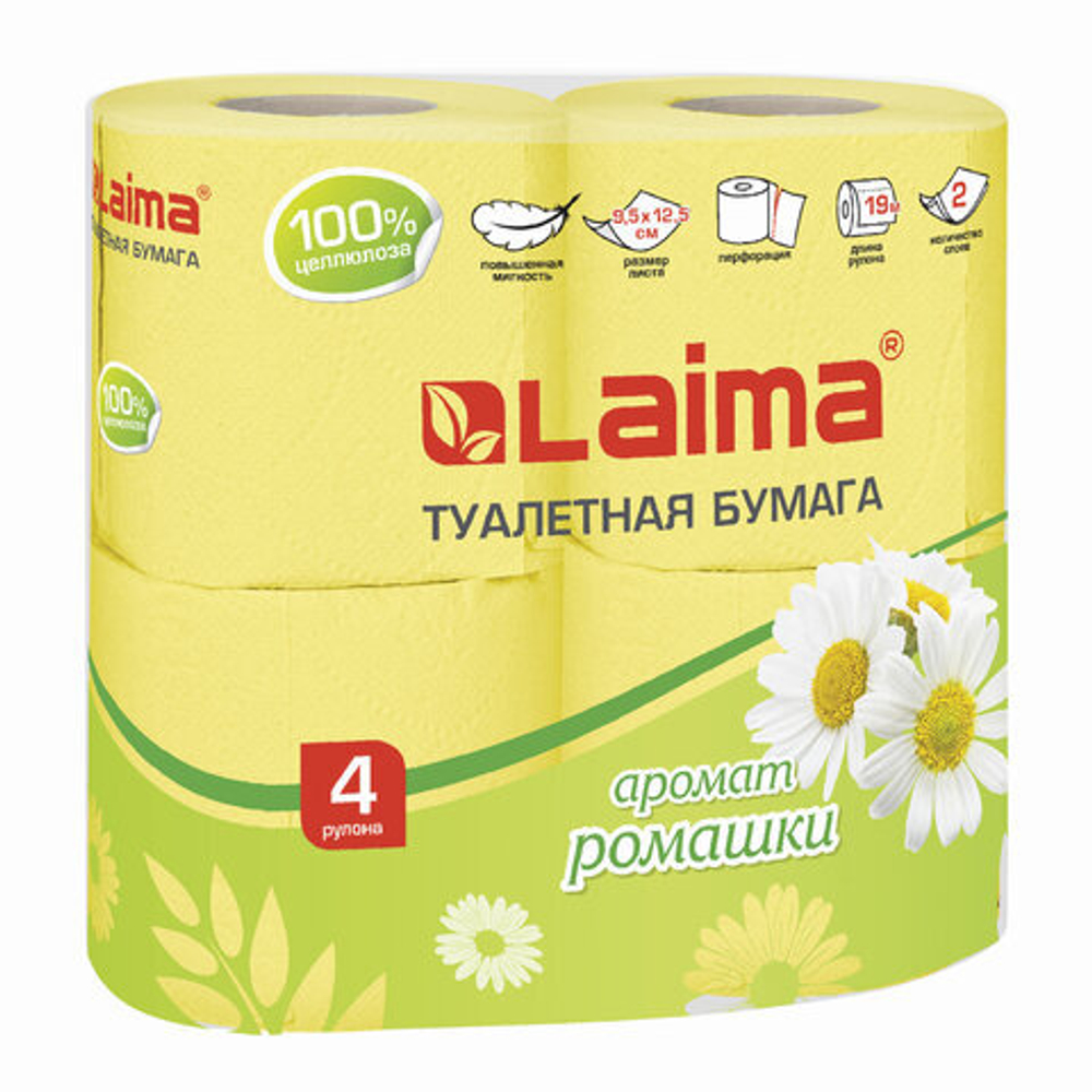 Бумага туалетная бытовая, спайка 4 шт., 2-х слойная, (4х19 м), LAIMA, аромат ромашки