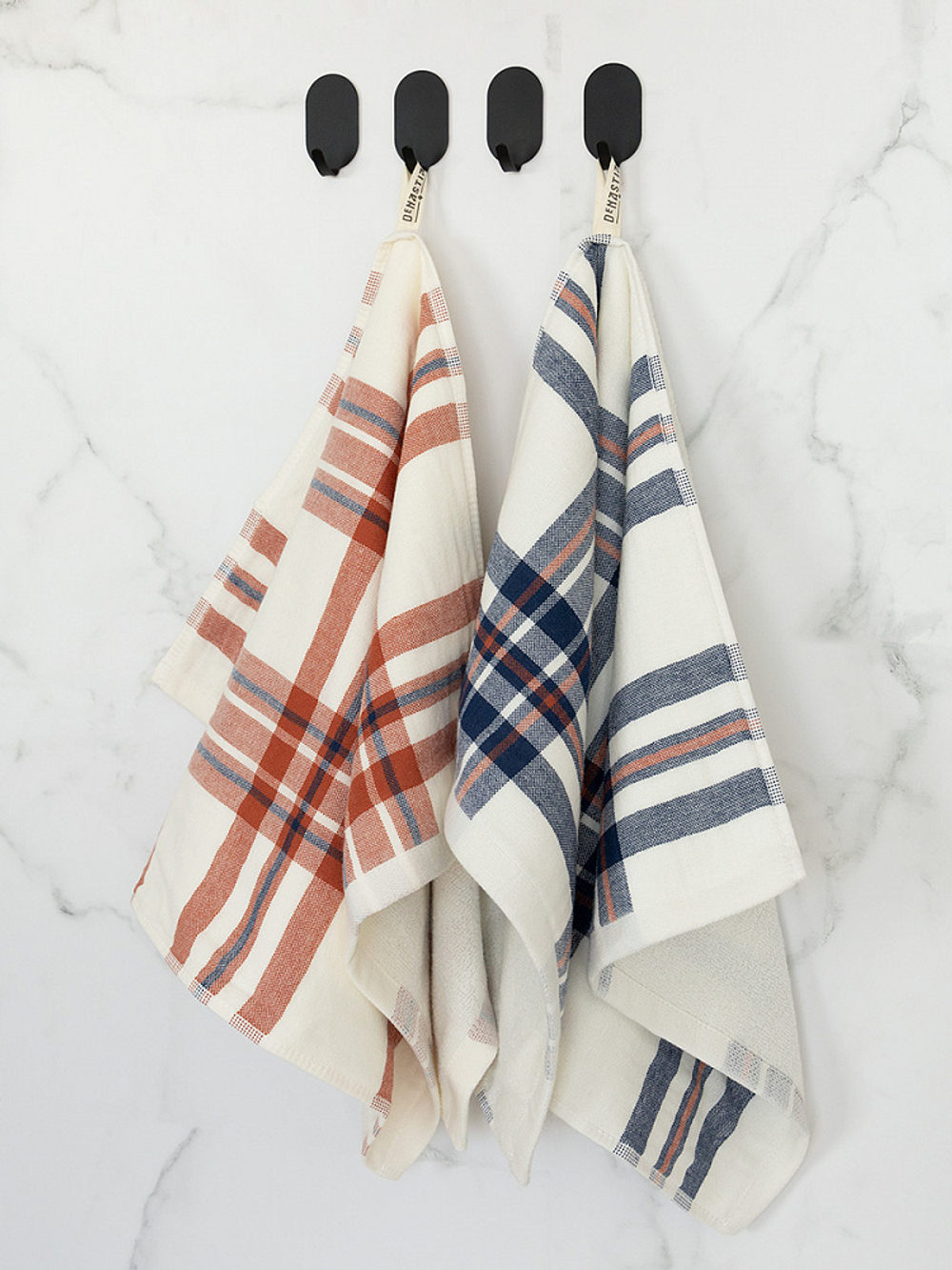 Набор кухонных полотенец 2шт DeNASTIA махра/лён тартан 330gsm 40x60, хлопок, белый/красный, белый/си