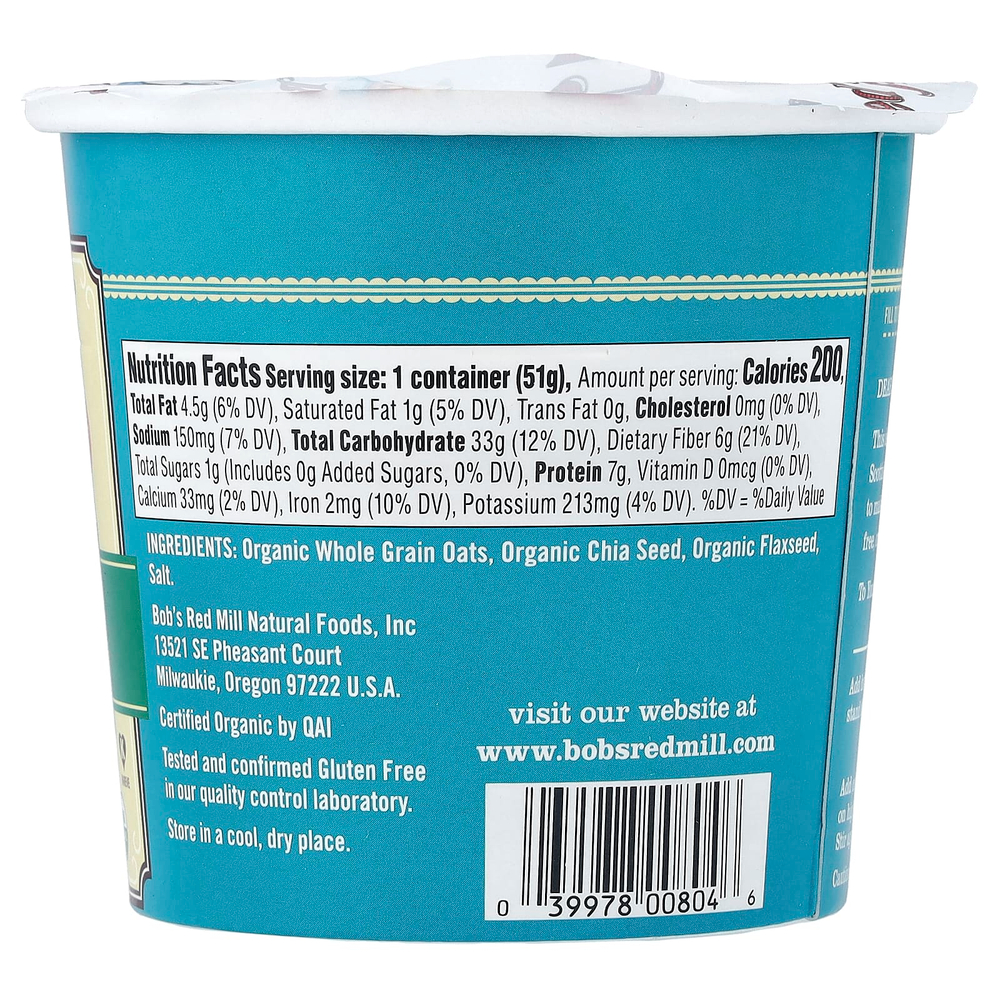 Bob's Red Mill, Органическая овсянка с семенами льна и чиа, 1,8 унц. (51 г)