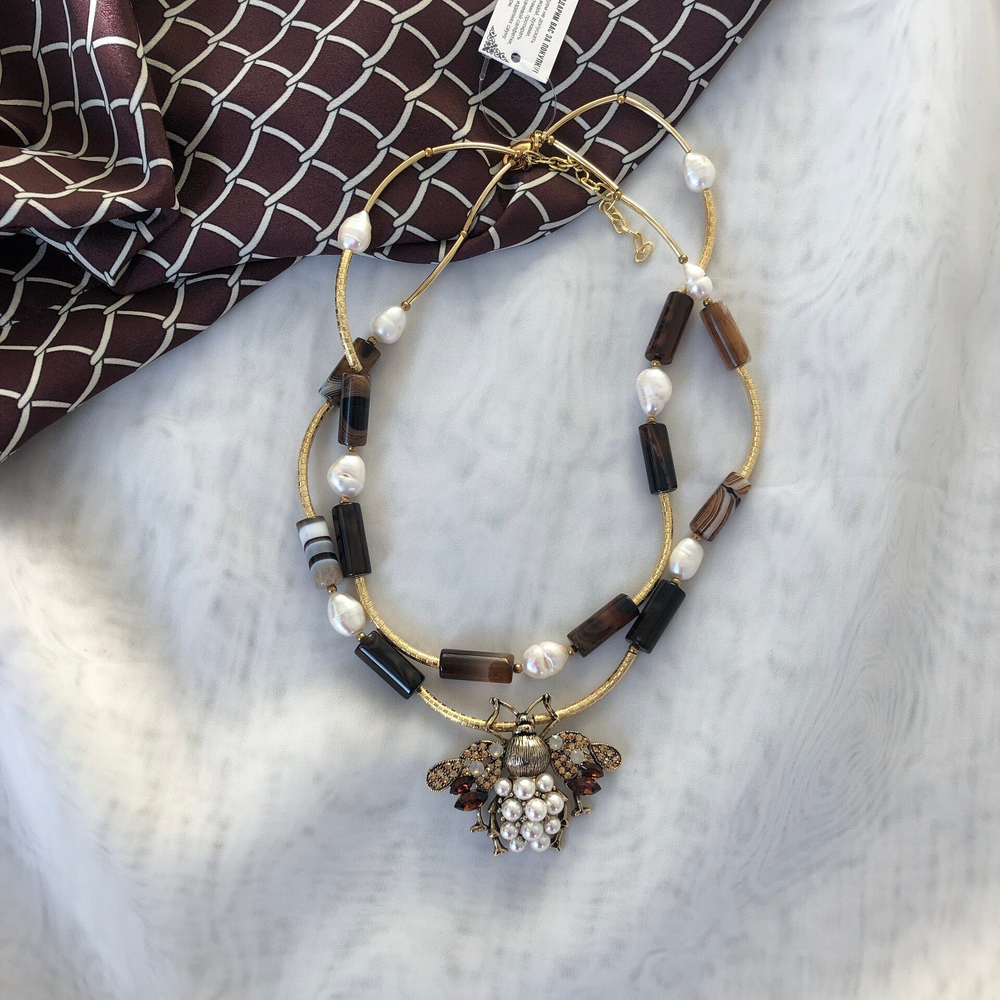 Колье с агатом и жемчугом. Регулировка длины.