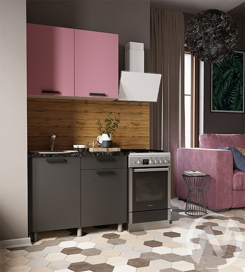 Кухня Кьяра 1.0м (корпус белый/карбон сакура; карбон вулкан) 26мм кастилло темный