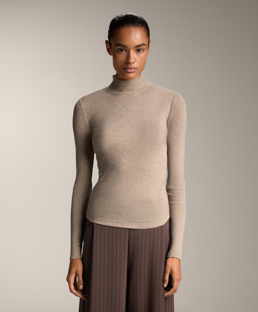 Oysho Футболка Base Layer в рубчик с высоким воротником и лиоцеллом, серо-коричневый меланж