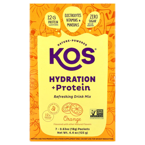 KOS, Hydration + Protein, освежающая смесь для напитков, апельсин, 7 пакетиков по 18 г (0,65 унции)