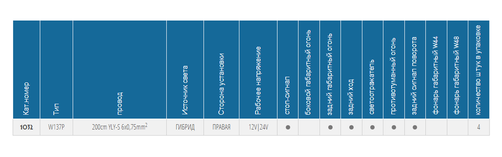 Фонарь задний WAS W137P 1032 Правая