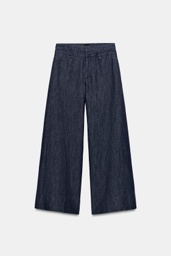 ZARA ШИРОКИЕ БРЮКИ ИЗ СМЕСОВОГО ЛЬНА, ИНДИГО