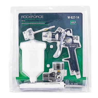 Краскораспылитель с верхним пластиковым бачком,регулятором давления и доп.-ой дюзой (600мл,1.4/1.7мм,2.0-4.0Bar,факел 180-250мм,400л/мин),в блистере RockForce##Rock FORCE RF-W-827-14