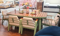 Столовая группа Ocean Dinning Set 6. Стол и 6 кресел из алюминия и ироко. Шалфейно-зелёный (Sage Green)