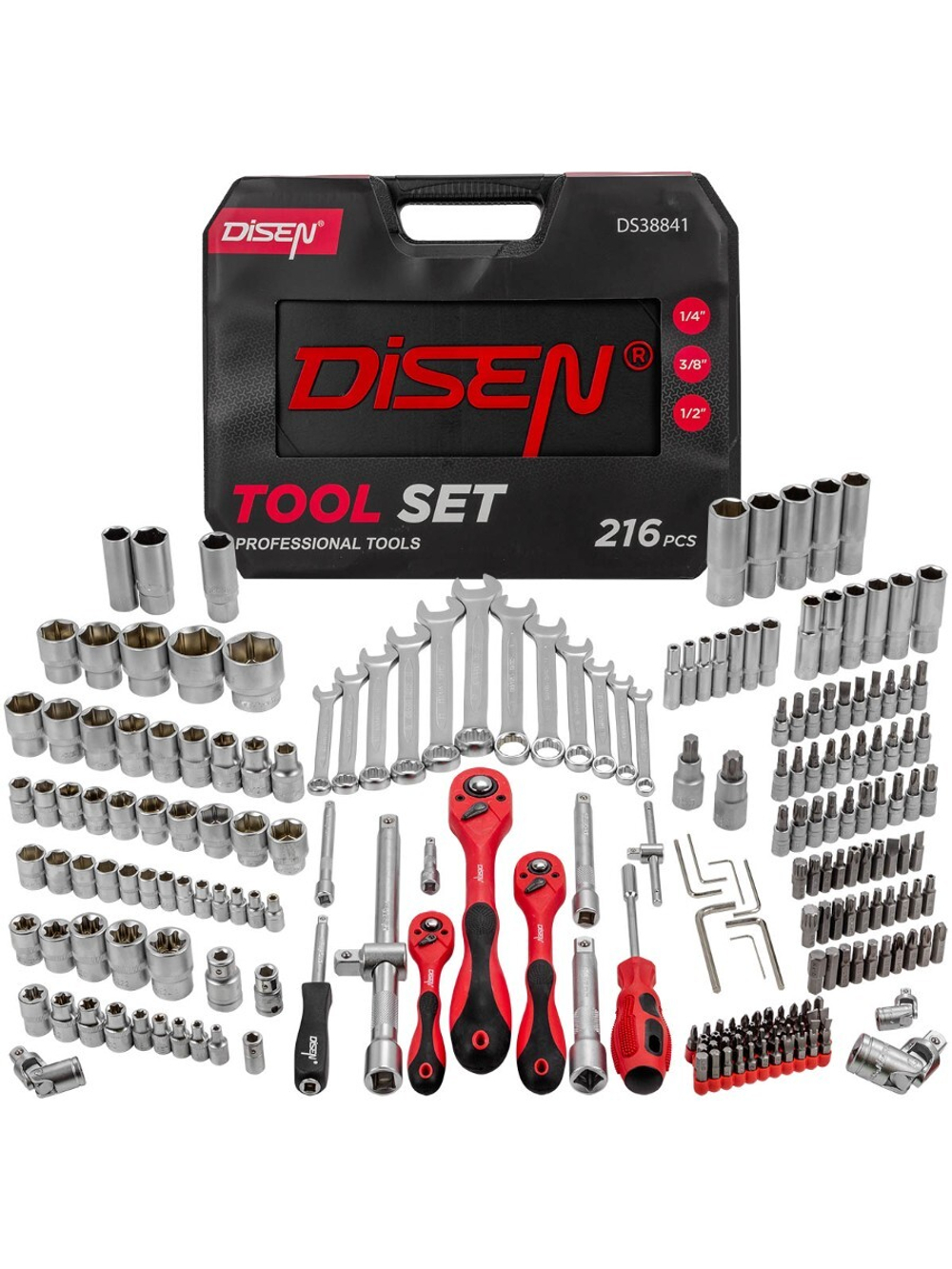 Набор инструментов 216 пр.1/4'',3/8'',1/2''(6гр.)(4-32мм) DISEN DS38841