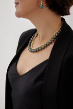 Колье Твин 2 ряда темно-зеленый жемчуг Майорка и цепь ролло, оттенок золото