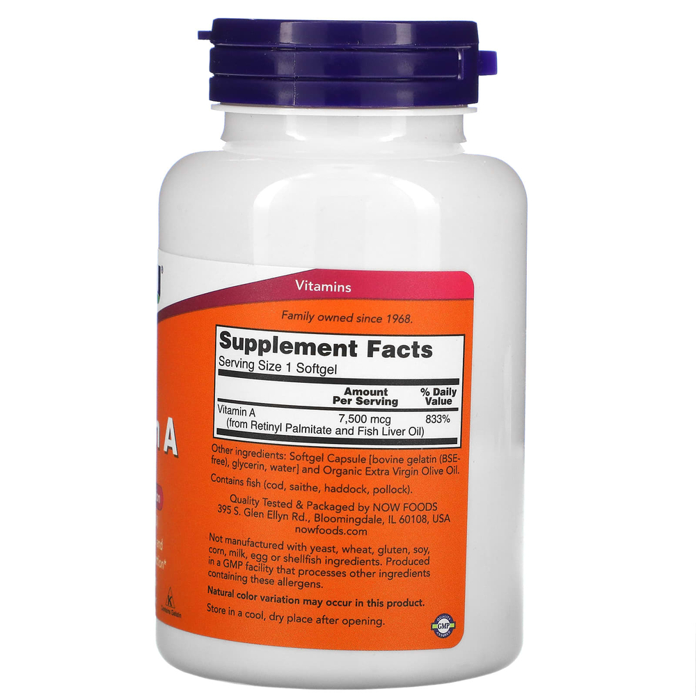NOW Foods, витамин A, 7500 мкг (25 000 МЕ), 250 капсул