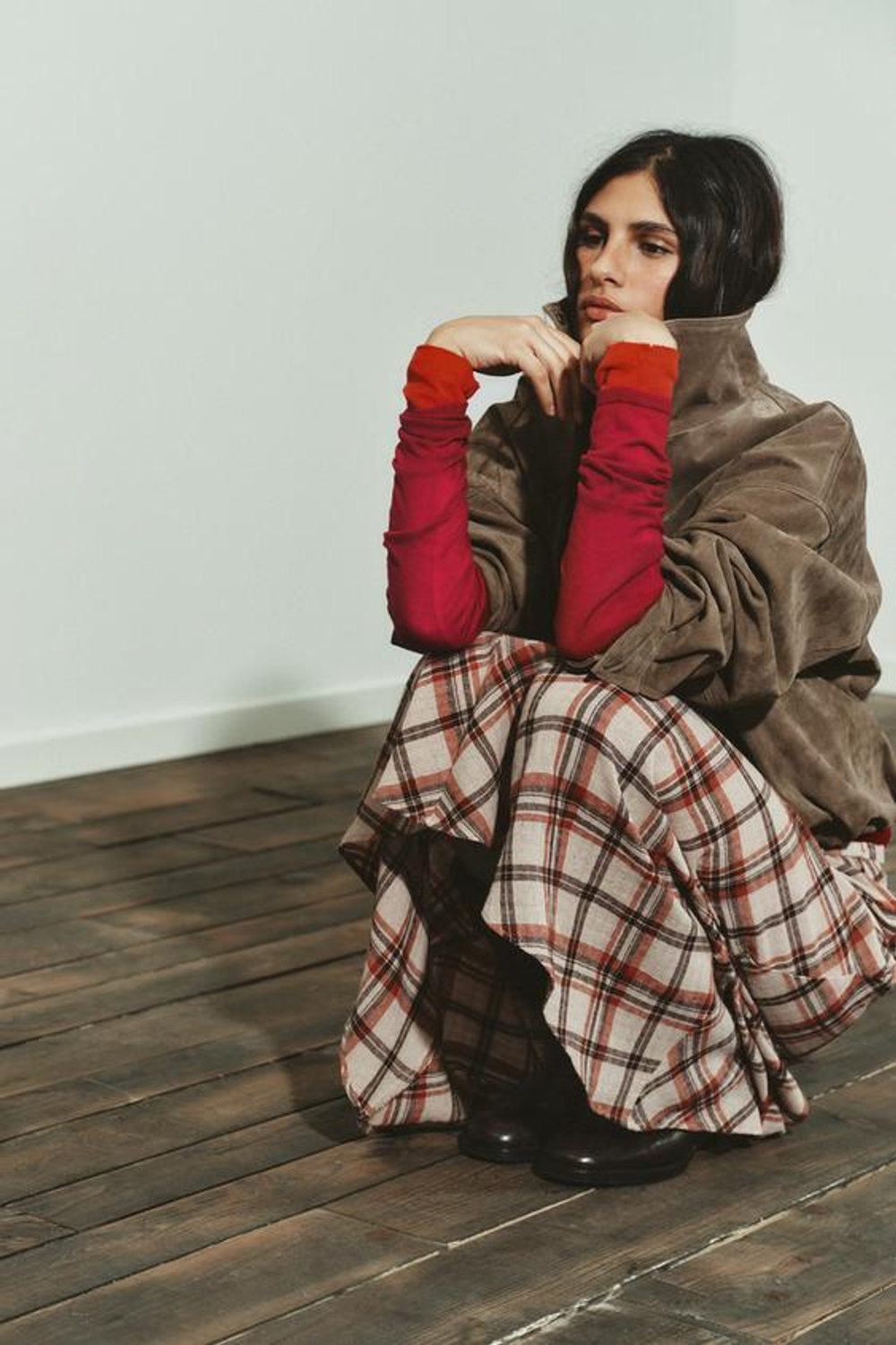 ZARA ЮБКА МИДИ В КЛЕТКУ, БЕЖЕВЫЙ