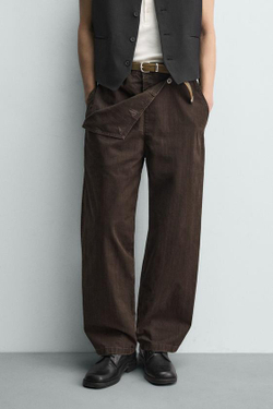 ZARA БРЮКИ RELAXED FIT С КАРМАНОМ-КЕНГУРУ, КОРИЧНЕВЫЙ