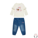 Футболка с длинным рукавом + брюки трикотажные GUESS Экрю/Термопринт: цветок из пайеток//Синий деним Девочка