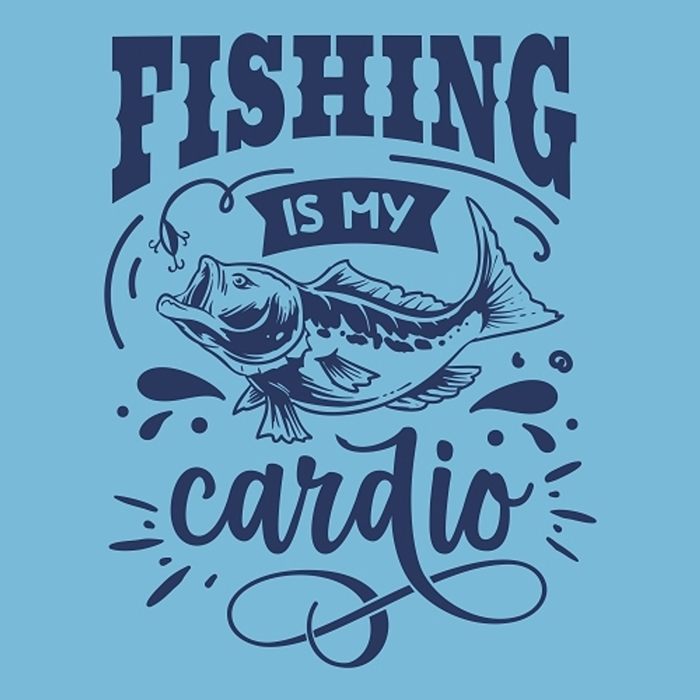 принт PewPewCat Fishing is my cardio синий для голубой футболки