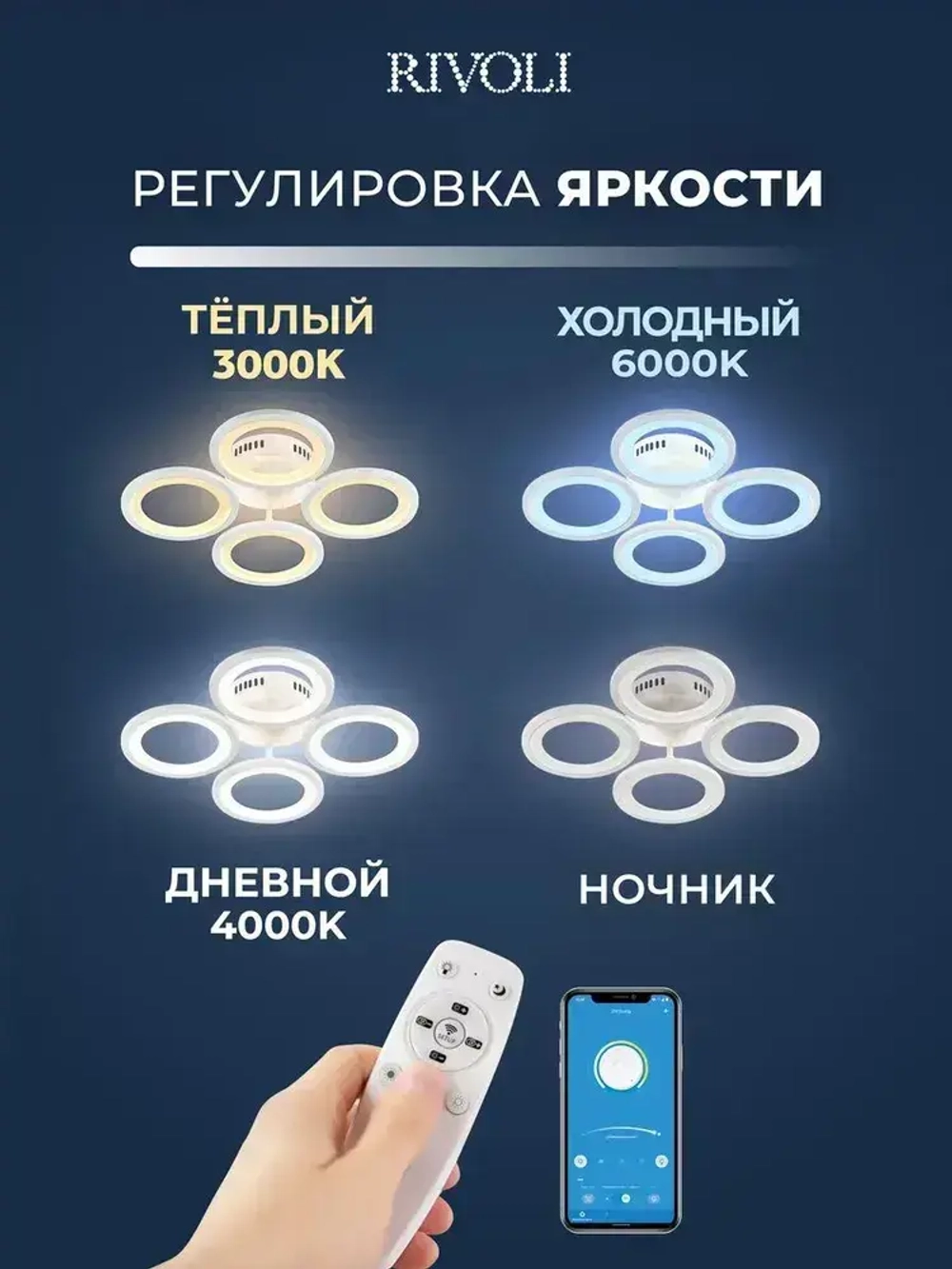 Люстра потолочная светодиодная с пультом ДУ Rivoli белая 88Вт 2800-6300К, светильник на кухню, в детскую, в спальню