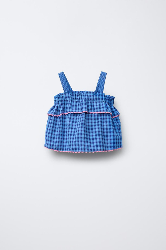 ZARA X CASA LAWA © ТОП В КЛЕТКУ С ВОЛНИСТЫМИ ДЕТАЛЯМИ, СИНИЙ