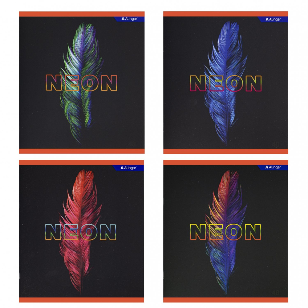 Тетрадь 48л., А5, клетка, Alingar "Пёрышко(NEON)", скрепка, мелованный картон (стандарт), soft touch, блок офсет, 4 дизайна в пленке т/у