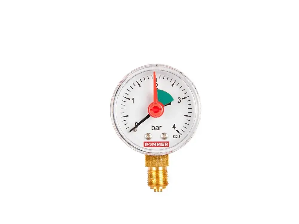 Манометр радиальный с указателем предела ROMMER RIM-0008-500408 корпус Dn 50 мм 1/4", 0...4 бар, кл.2.5