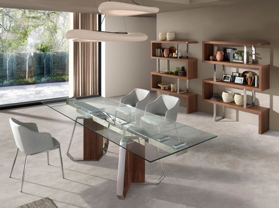 Раздвижной обеденный стол 1159 из стекла, ореха и хромированной стали