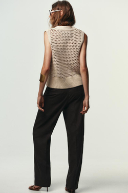 ZARA ТРИКОТАЖНЫЙ ЖИЛЕТ С ОТКРЫТОЙ ВЯЗКОЙ, ПЕСОЧНЫЙ