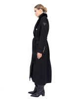 Женское чёрное кашемировое пальто миди с меховым воротником и поясом