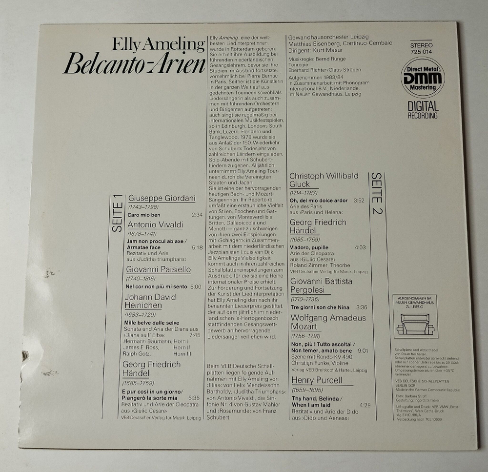 Винтажная виниловая пластинка LP Elly Ameling, Kurt Masur, Gewandhausorchester Leipzig Belcanto Arien (ГДР 1986)