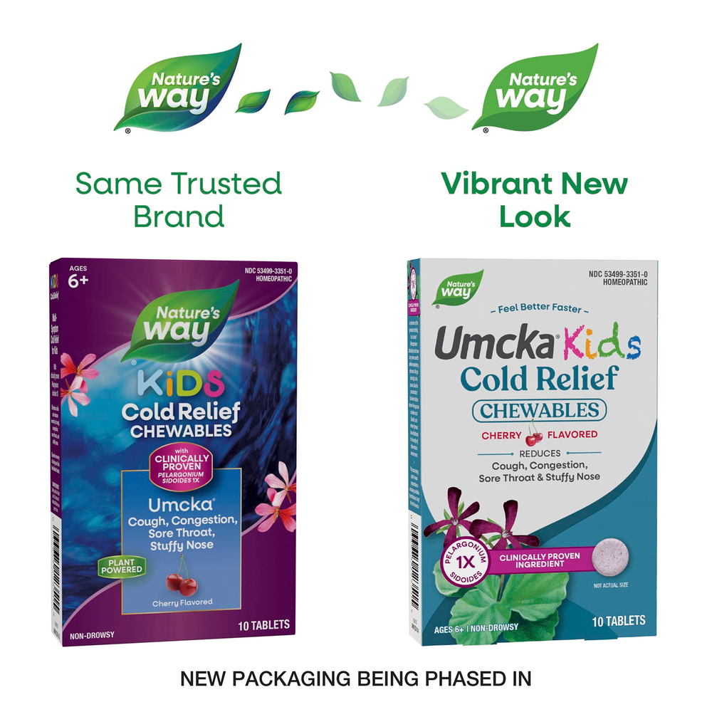 Nature's Way, Umcka® Kids, жевательные таблетки для облегчения симптомов простуды, не вызывает сонливости, для детей от 6 лет, с вишневым вкусом, 10 таблеток