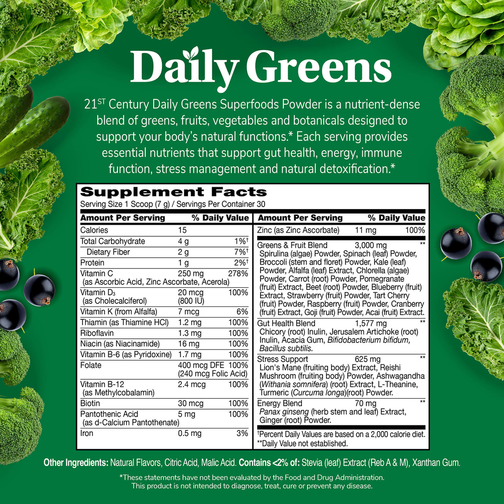 21st Century, Daily Greens, суперфуды в порошке, лимон и лайм, 210 г (7,4 унции)
