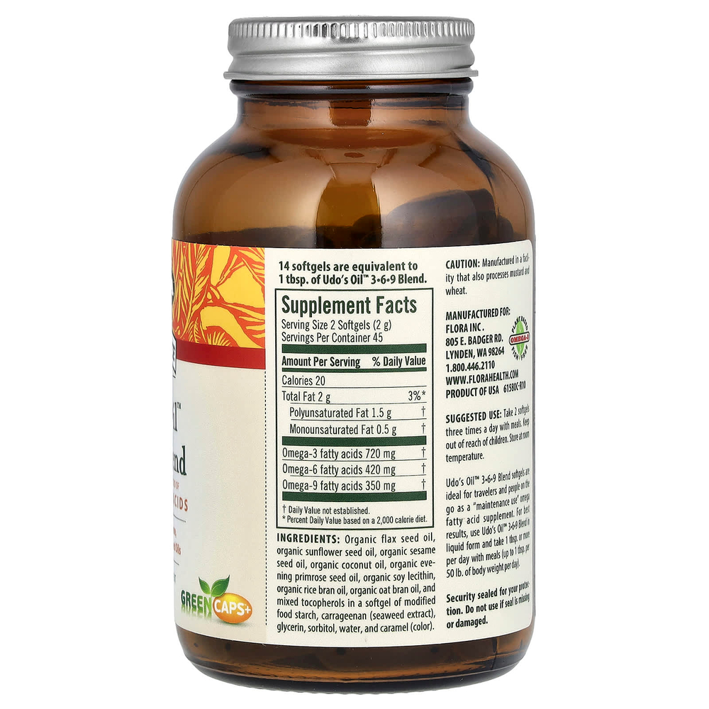 Flora, Udo's Choice, Udo's Oil, смесь 3, 6, 9, 90 вегетарианских капсул