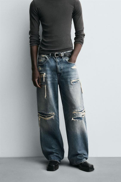 ZARA ДЖИНСЫ BALLOON FIT С РАЗРЕЗАМИ, ВЫЦВЕТШИЙ СИНИЙ