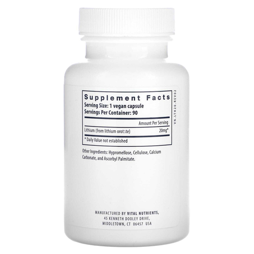 Vital Nutrients, Литий, 20 мг, 90 веганских капсул