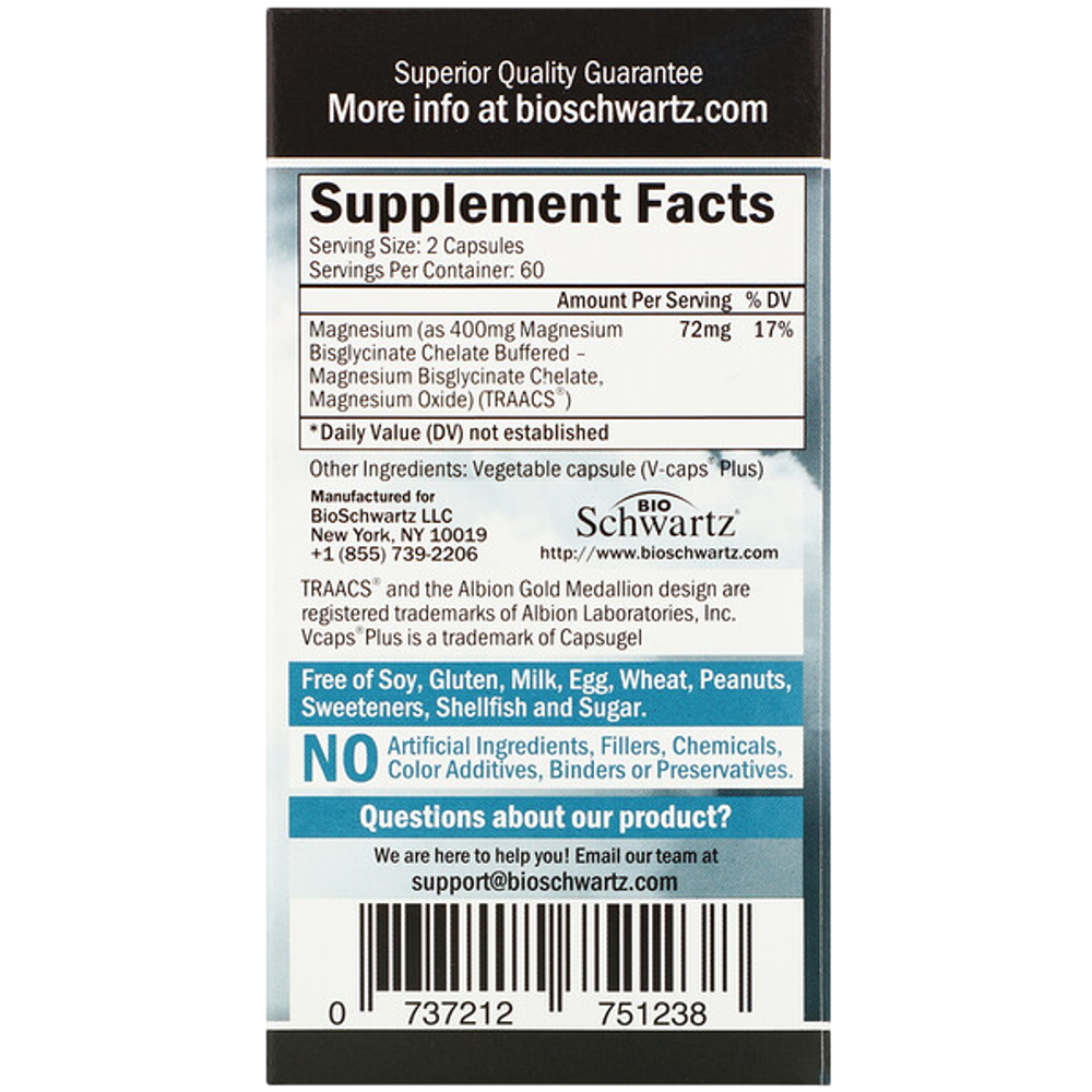 Bio Schwartz Magnesium Bisglycinate 400 mg 120 veg caps , Бисглицинат магния