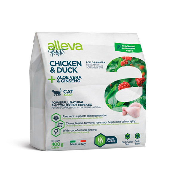 Беззерновой корм Alleva Holistic, для кошек, курица/утка/алоэ/женьшень, 400г