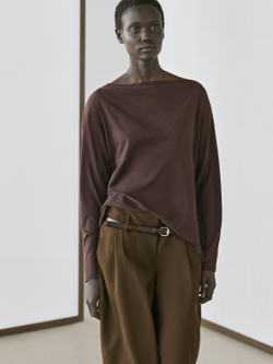 Massimo Dutti Футболка из 100% хлопка с вырезом лодочкой, коричневый