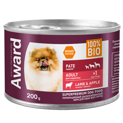 AWARD Консервы для взрослых собак паштет из ягненка с яблоком 200г