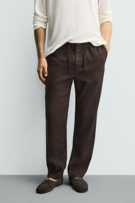 ZARA БРЮКИ RELAXED FIT ИЗ ХЛОПКА И ЛЬНА, КОРИЧНЕВЫЙ