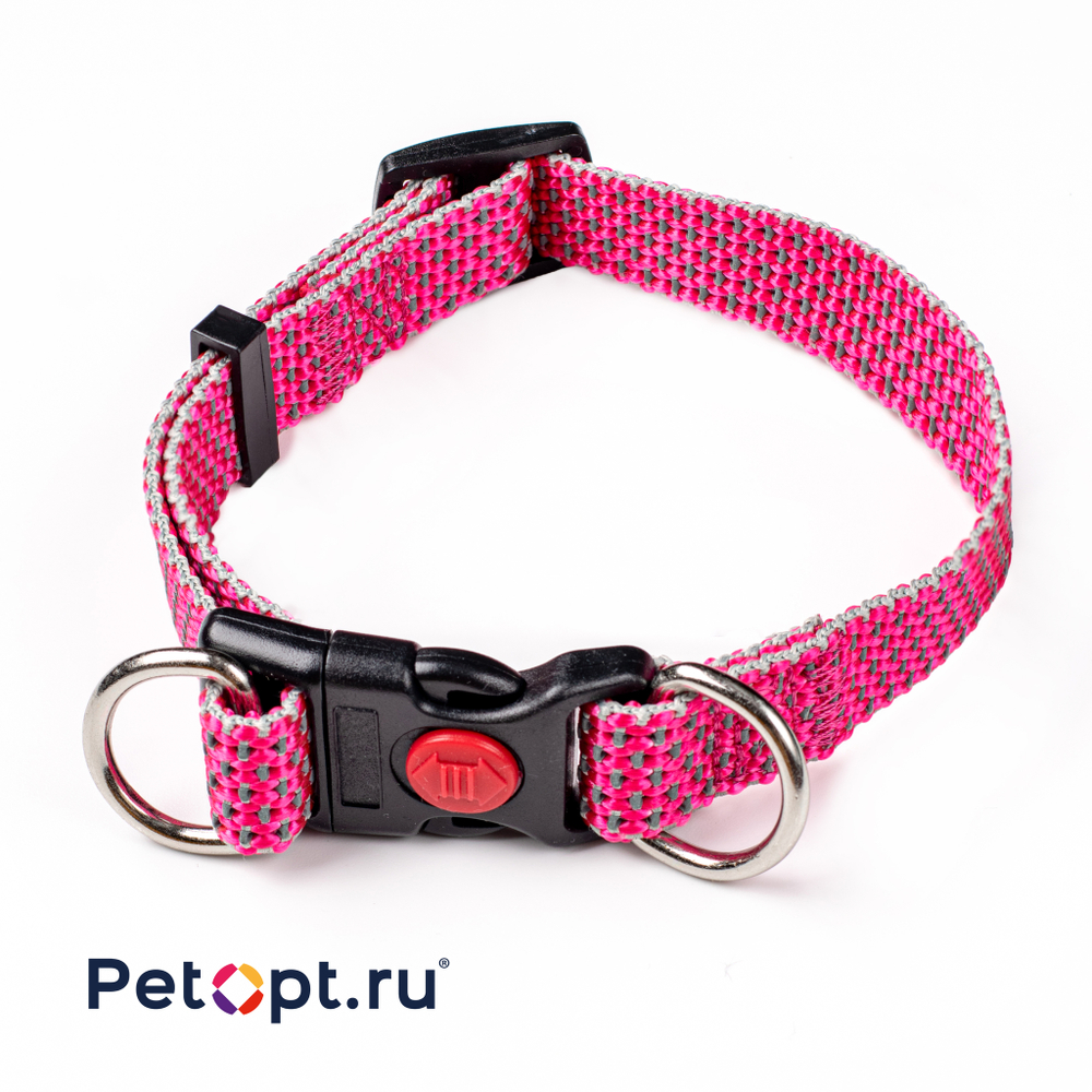 10010045-49-53-57 PetOpt Ошейник для собак светоотражающий розовый нейлоновый "Два кольца" с фастексом, светоотражающие нити по всей ширине