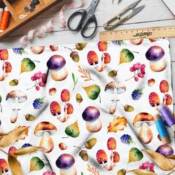 Ткань ниагара крупные грибы и брусника на белом фоне