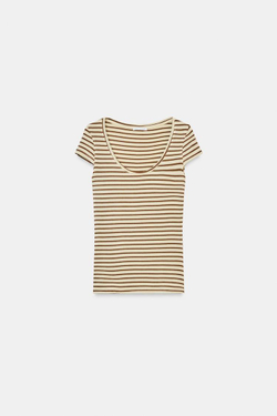 ZARA ФУТБОЛКА В ПОЛОСКУ С КОРОТКИМ РУКАВОМ, ЭКРЮ/КОРИЧНЕВЫЙ