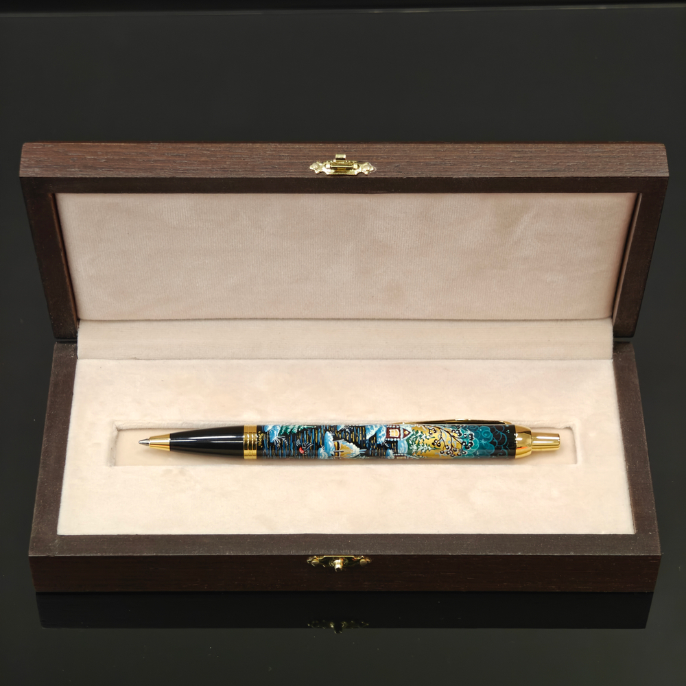 Ручка "Деревенский пейзаж" с ручной росписью Палех в футляре