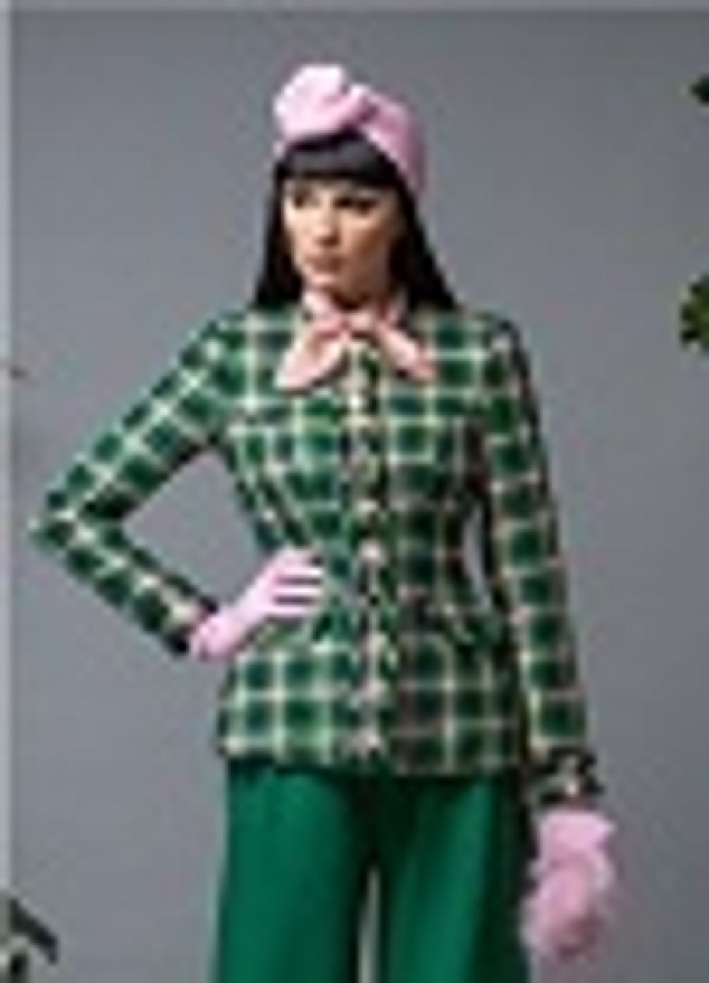 01-01-23 FW Приталенный твидовый жакет в клетку, зелёный, розовый, синий