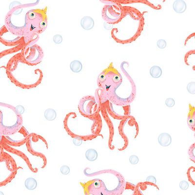 Розовый осьминог с морской звездой на белом фоне с пузырями
