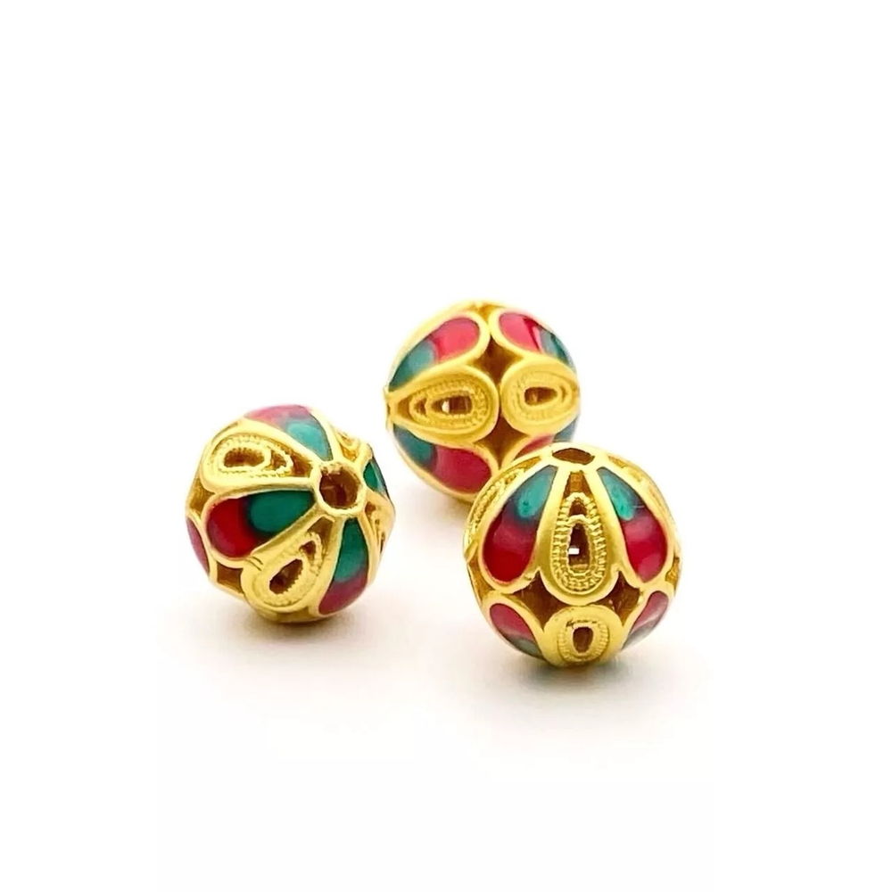 970-з Бусина этническая красно-зеленая 10мм, позолота