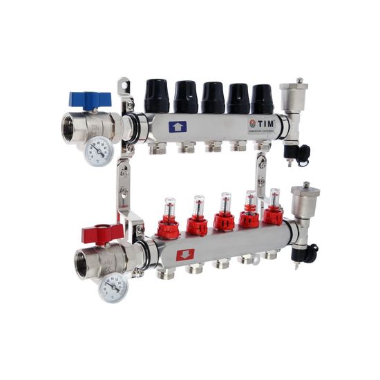 Коллектор для тёплого пола с расходомерами Tim KAS5005 на 5 выходов из нержавейки