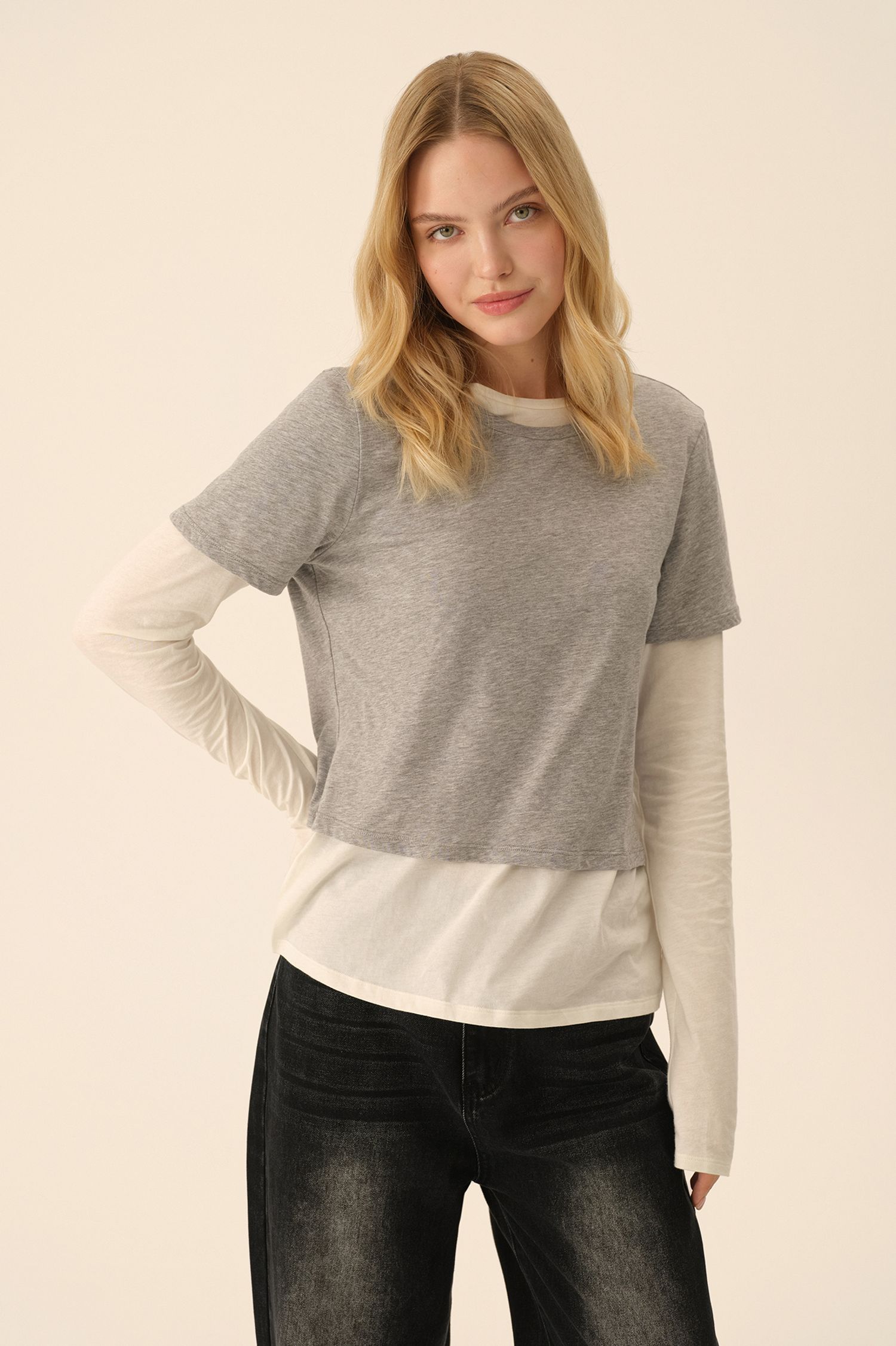 Лонгслив с футболкой (Ballet princess), молочный с серым