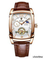 Часы наручные механические с автоподзаводом LIGE на кожаном ремешке, золотистый/коричневый W9110-01
