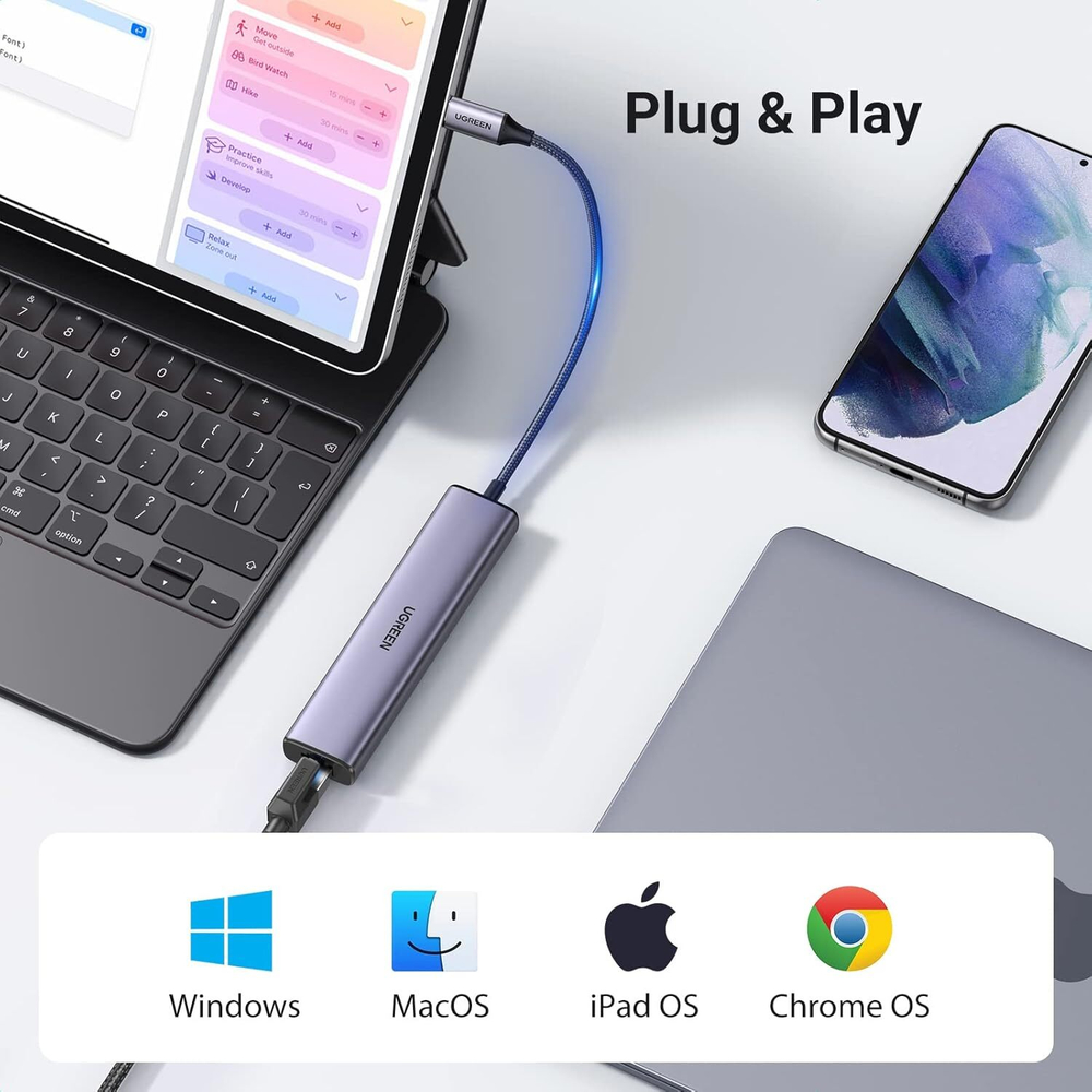 Конвертер USB 3.1 Type C на LAN RJ-45,1000Mbps + USB 3.0 HUB 3 port, 0.2m UGREEN 60600