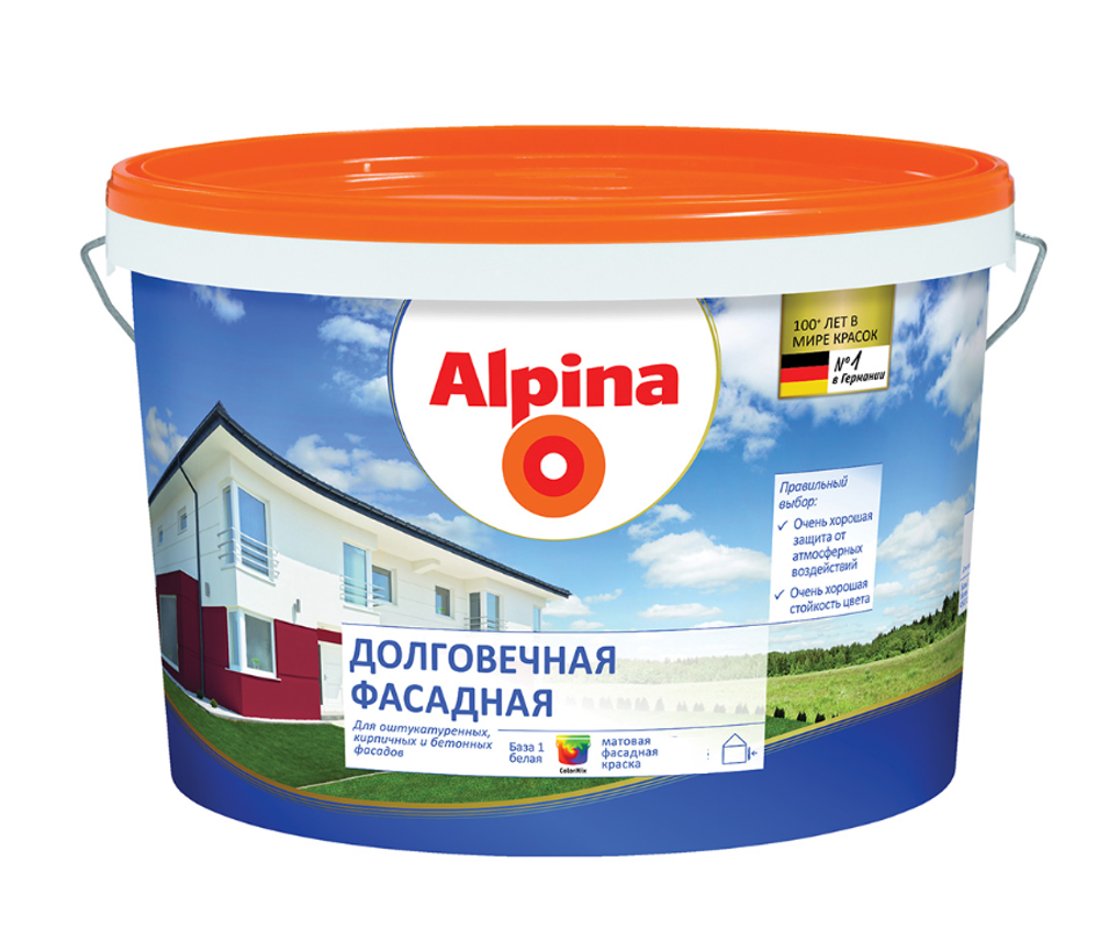 КРАСКА ВД-ВАЭ ALPINA ДОЛГОВЕЧНАЯ ФАСАДНАЯ БАЗА 1, БЕЛАЯ 10Л