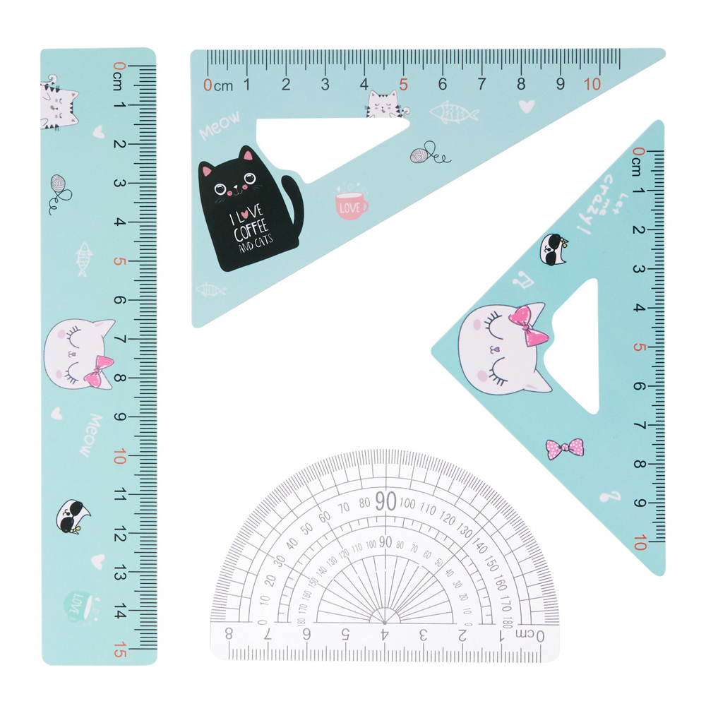 Линейка Basir пластиковая, набор 4 шт, серия "Котики", 4 предмета: линейка 15 см, транспортир и два угольника