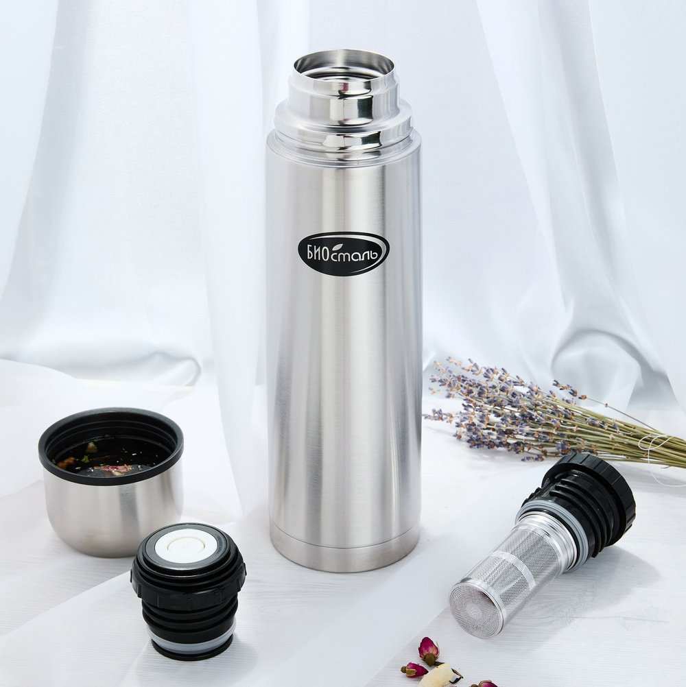 Термос Biostal (1 литр), узкое горло, пробка с ситечком, пробка с кнопкой